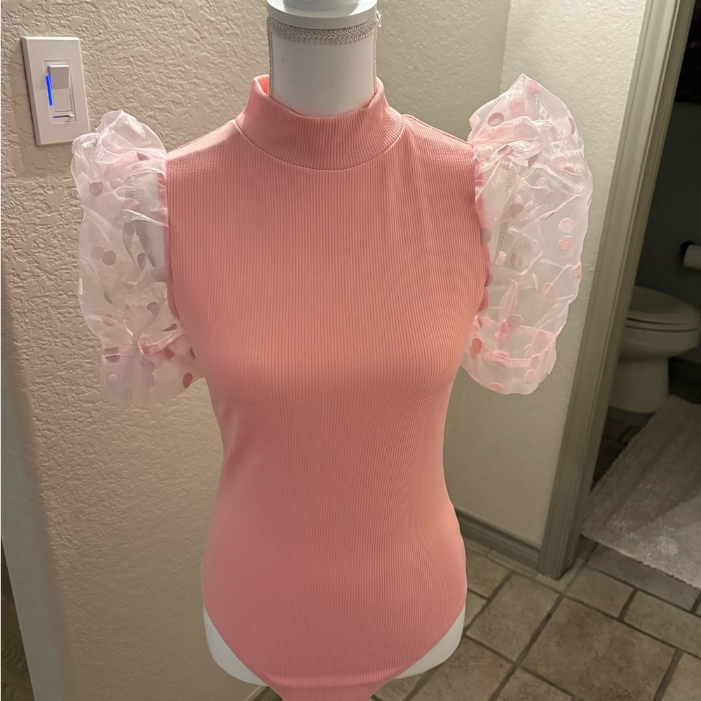 TCEC Light Pink Bodysuit with Sheer Polka Dot Puff Sleeves